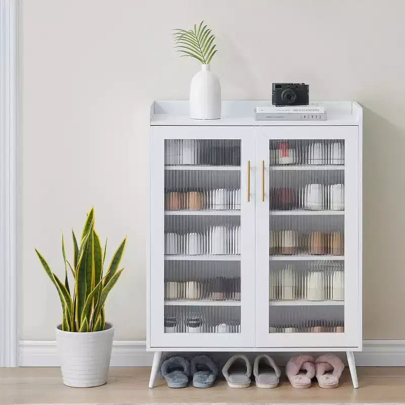 Meuble de rangement pour chaussures à 5 niveaux avec portes en verre, étagères réglables pour entrée, couloir et salon, organisateur de chaussures blanc avec rangement spacieux