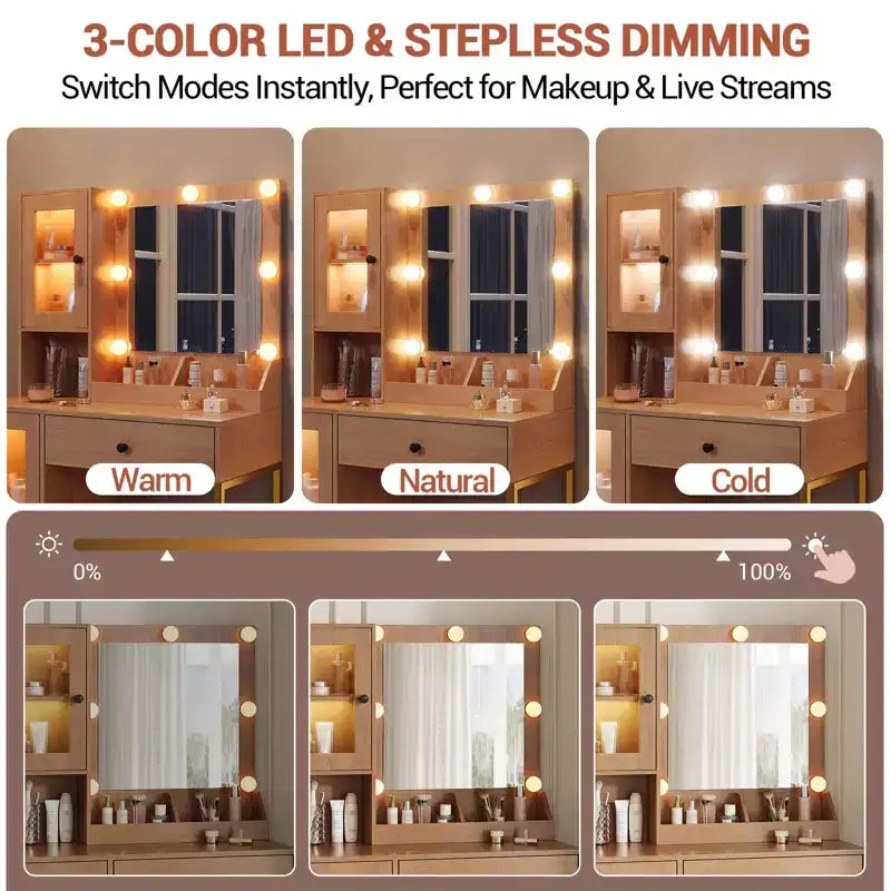 Coiffeuse avec Lumières LED et Miroir, Grande Table de Maquillage 33W avec Grand Tiroir, Meuble de Rangement, Coiffeuse pour Chambre à Coucher