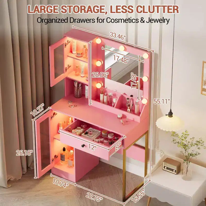 Coiffeuse avec Lumières LED et Miroir, Grande Table de Maquillage 33W avec Grand Tiroir, Meuble de Rangement, Coiffeuse pour Chambre à Coucher