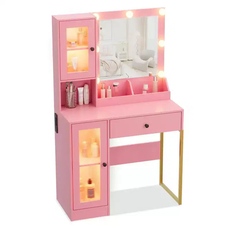 Coiffeuse avec Lumières LED et Miroir, Grande Table de Maquillage 33W avec Grand Tiroir, Meuble de Rangement, Coiffeuse pour Chambre à Coucher