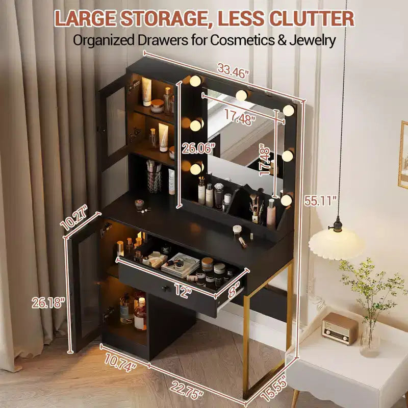 Coiffeuse avec Lumières LED et Miroir, Grande Table de Maquillage 33W avec Grand Tiroir, Meuble de Rangement, Coiffeuse pour Chambre à Coucher