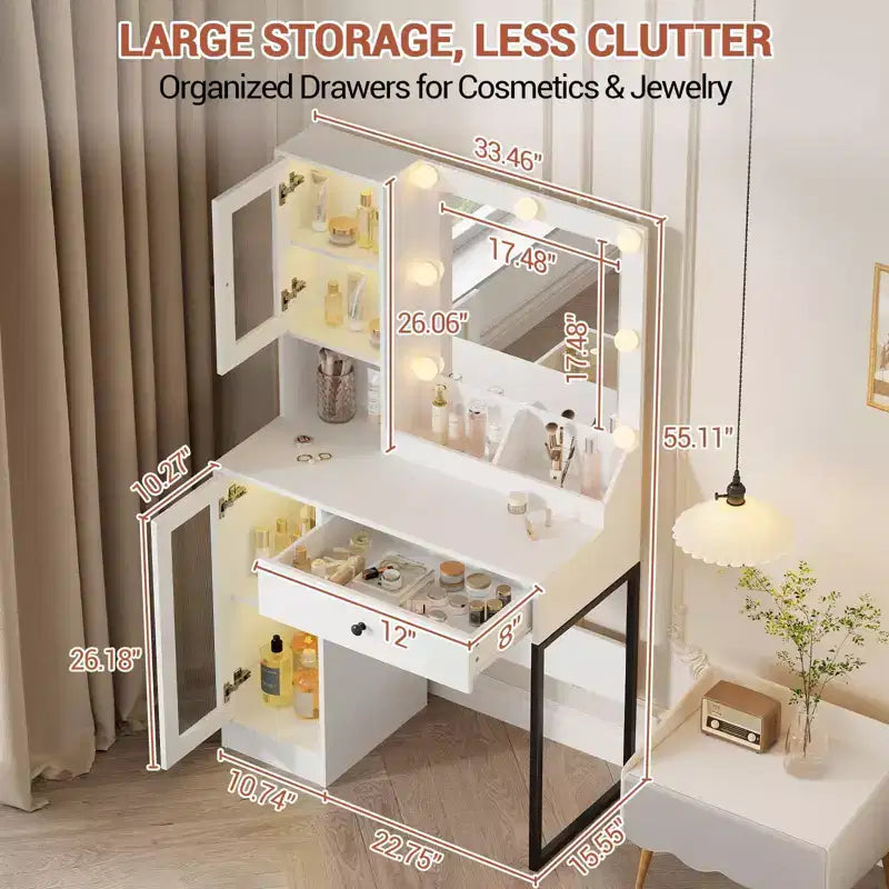 Coiffeuse avec Lumières LED et Miroir, Grande Table de Maquillage 33W avec Grand Tiroir, Meuble de Rangement, Coiffeuse pour Chambre à Coucher