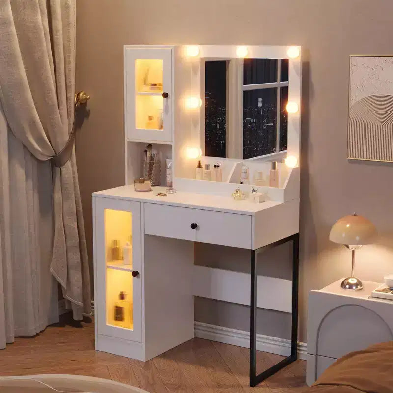 Coiffeuse avec Lumières LED et Miroir, Grande Table de Maquillage 33W avec Grand Tiroir, Meuble de Rangement, Coiffeuse pour Chambre à Coucher