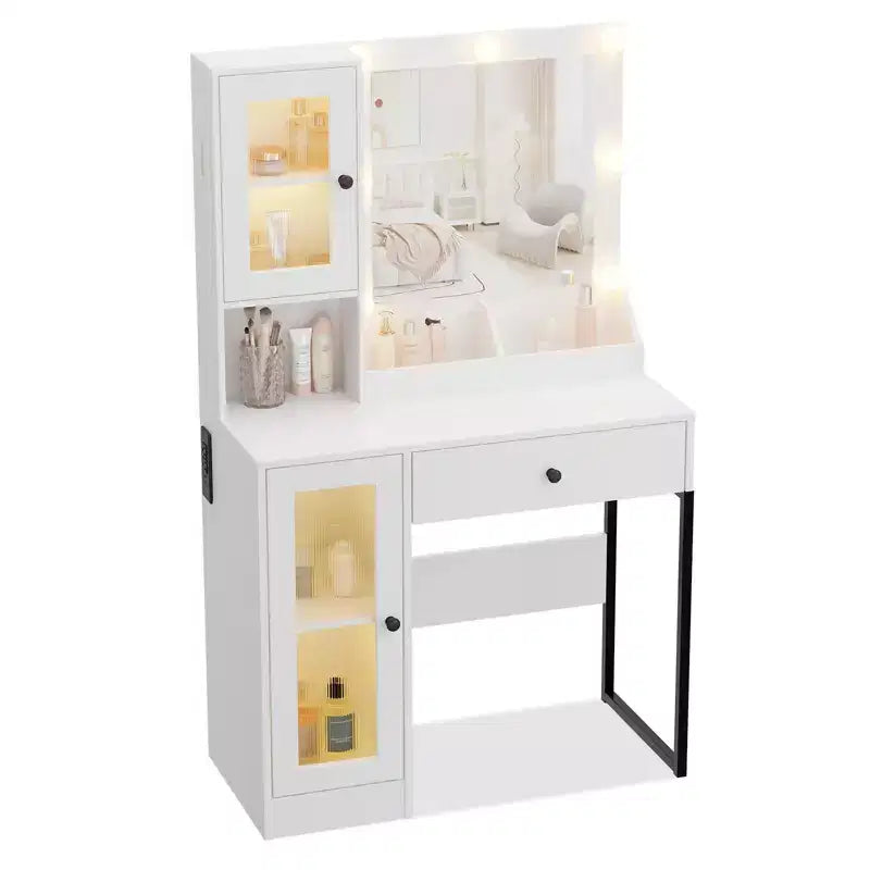 Coiffeuse avec Lumières LED et Miroir, Grande Table de Maquillage 33W avec Grand Tiroir, Meuble de Rangement, Coiffeuse pour Chambre à Coucher