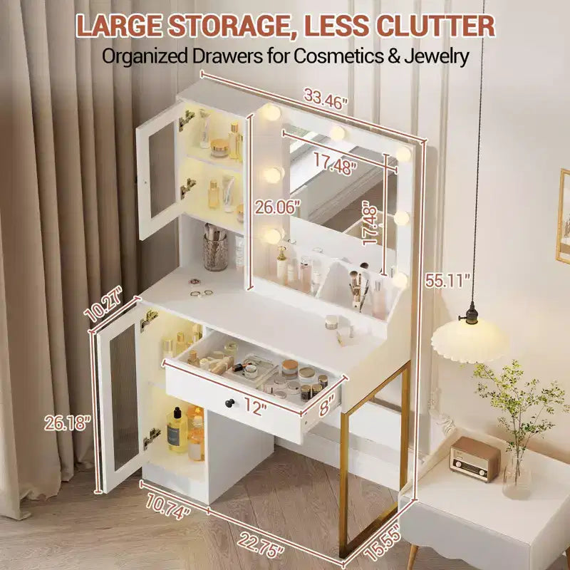 Coiffeuse avec Lumières LED et Miroir, Grande Table de Maquillage 33W avec Grand Tiroir, Meuble de Rangement, Coiffeuse pour Chambre à Coucher