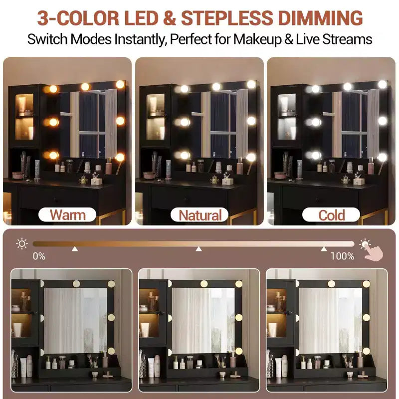 Coiffeuse avec Lumières LED et Miroir, Grande Table de Maquillage 33W avec Grand Tiroir, Meuble de Rangement, Coiffeuse pour Chambre à Coucher