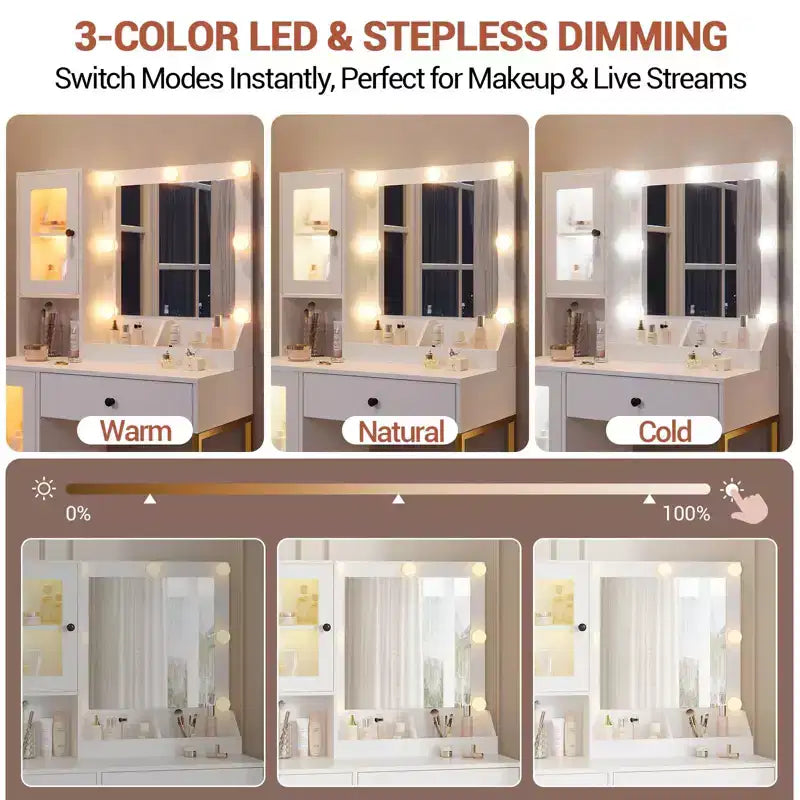Coiffeuse avec Lumières LED et Miroir, Grande Table de Maquillage 33W avec Grand Tiroir, Meuble de Rangement, Coiffeuse pour Chambre à Coucher