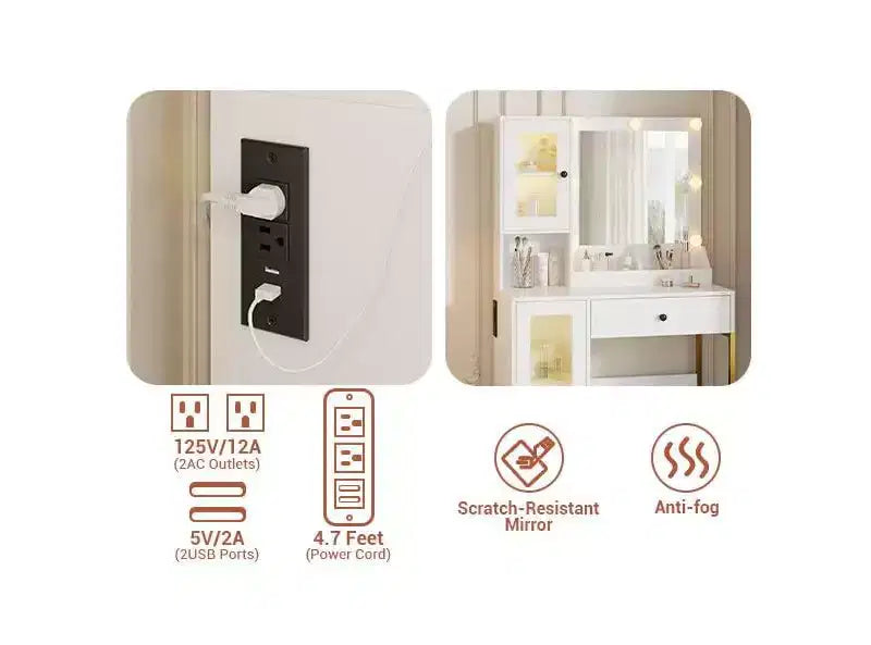 Coiffeuse avec Lumières LED et Miroir, Grande Table de Maquillage 33W avec Grand Tiroir, Meuble de Rangement, Coiffeuse pour Chambre à Coucher