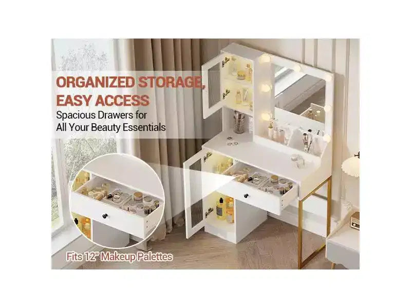 Coiffeuse avec Lumières LED et Miroir, Grande Table de Maquillage 33W avec Grand Tiroir, Meuble de Rangement, Coiffeuse pour Chambre à Coucher
