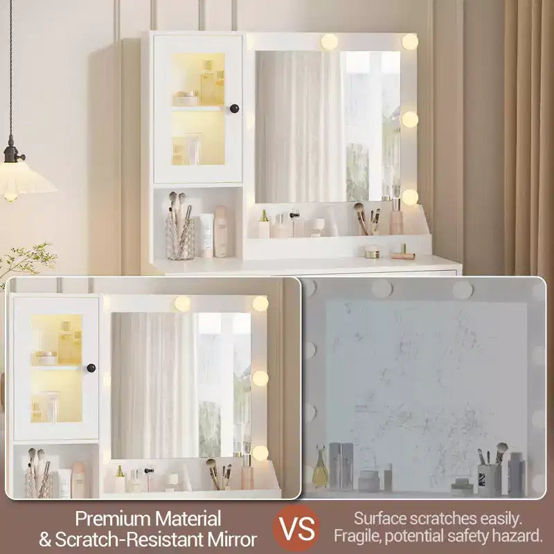Coiffeuse avec Lumières LED et Miroir, Grande Table de Maquillage 33W avec Grand Tiroir, Meuble de Rangement, Coiffeuse pour Chambre à Coucher