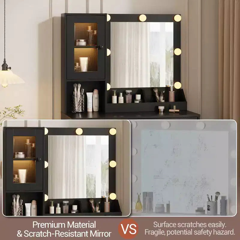 Coiffeuse avec Lumières LED et Miroir, Grande Table de Maquillage 33W avec Grand Tiroir, Meuble de Rangement, Coiffeuse pour Chambre à Coucher
