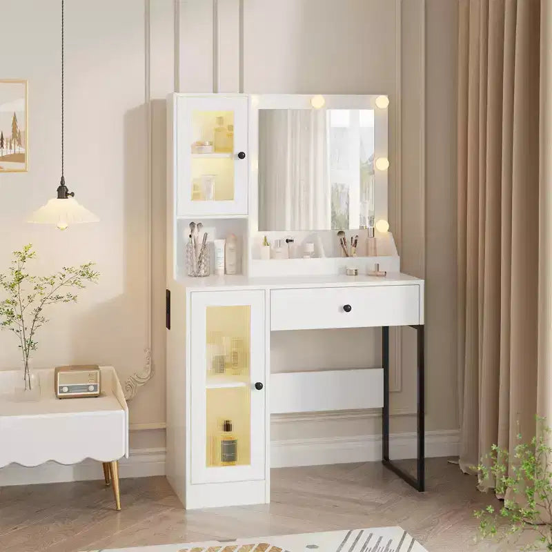 Coiffeuse avec Lumières LED et Miroir, Grande Table de Maquillage 33W avec Grand Tiroir, Meuble de Rangement, Coiffeuse pour Chambre à Coucher