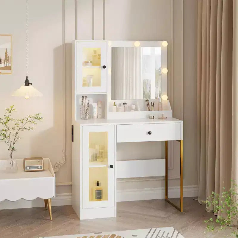 Coiffeuse avec Lumières LED et Miroir, Grande Table de Maquillage 33W avec Grand Tiroir, Meuble de Rangement, Coiffeuse pour Chambre à Coucher