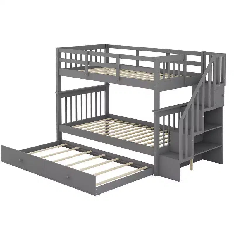 Lit superposé jumeau Whisen avec lit gigogne et escalier, espace de rangement optimisé