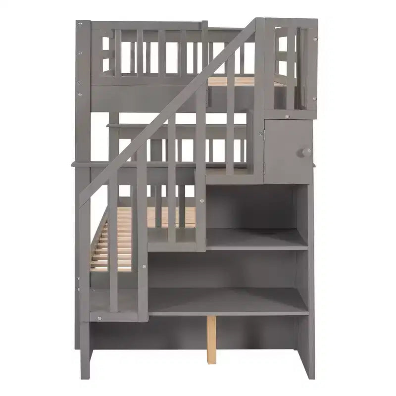 Lit superposé jumeau Whisen avec lit gigogne et escalier, espace de rangement optimisé