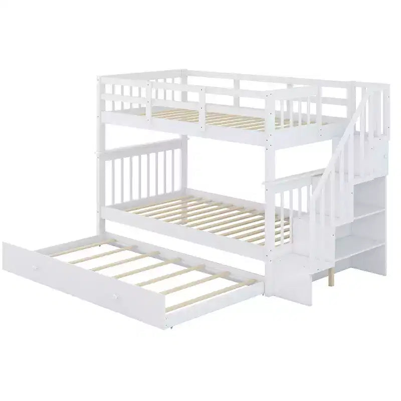 Lit superposé jumeau Whisen avec lit gigogne et escalier, espace de rangement optimisé