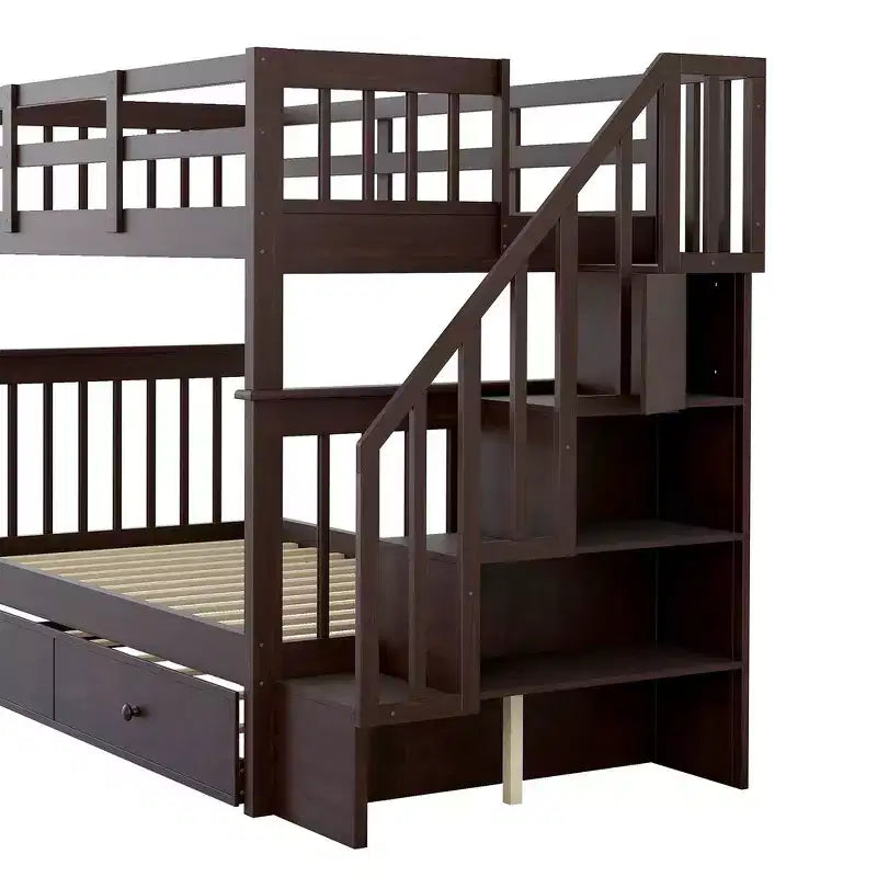 Lit superposé jumeau Whisen avec lit gigogne et escalier, espace de rangement optimisé