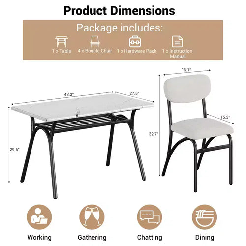 Ensemble table à manger 5 pièces pour 4 personnes, table de cuisine moderne avec 4 chaises en bouclette, table à manger rectangulaire avec étagère de rangement pour coin repas, appartement