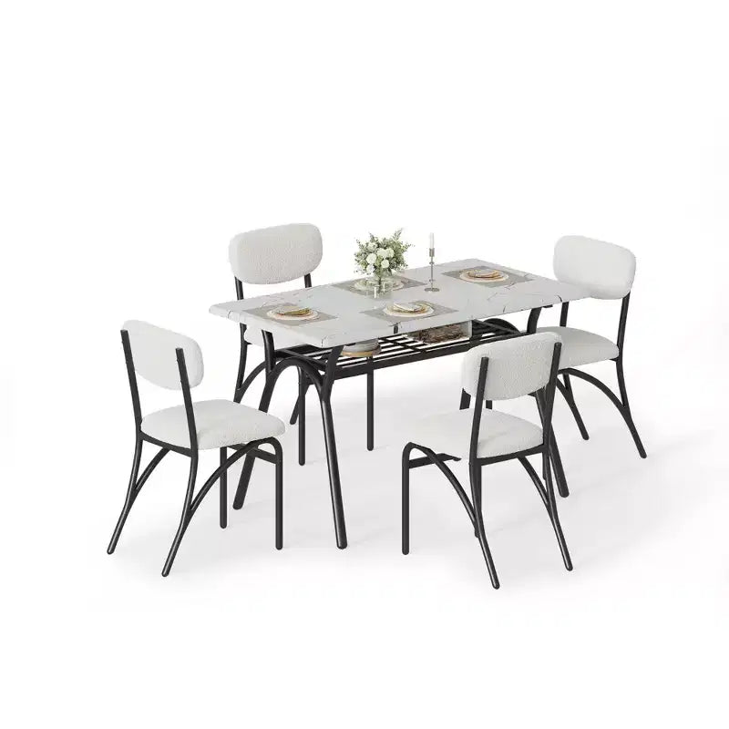 Ensemble table à manger 5 pièces pour 4 personnes, table de cuisine moderne avec 4 chaises en bouclette, table à manger rectangulaire avec étagère de rangement pour coin repas, appartement