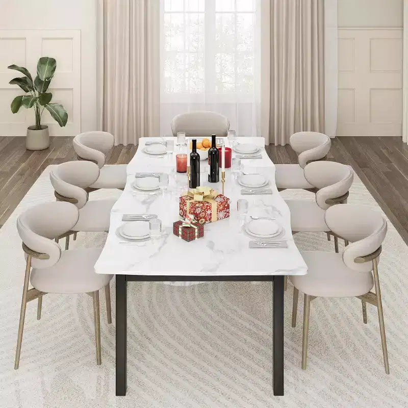 CuisinSmart Table de salle à manger pour 6 à 8 personnes, table rectangulaire avec bord irrégulier unique en forme de vague, plateau en MDF de 15 mm d'épaisseur et cadre en métal, pour salle à manger