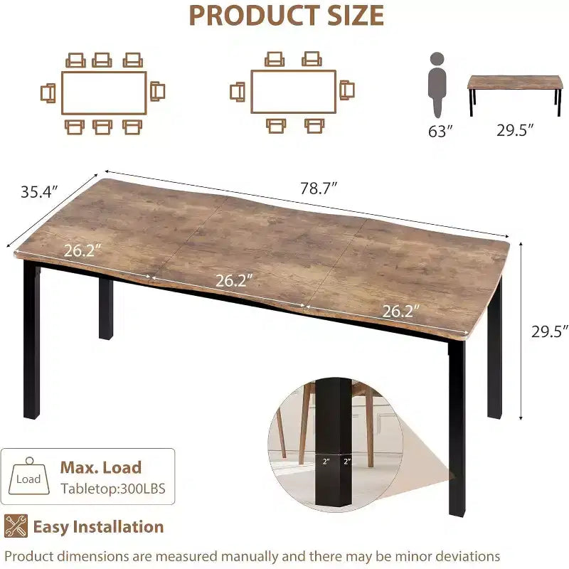 CuisinSmart Table de salle à manger pour 6 à 8 personnes, table rectangulaire avec bord irrégulier unique en forme de vague, plateau en MDF de 15 mm d'épaisseur et cadre en métal, pour salle à manger
