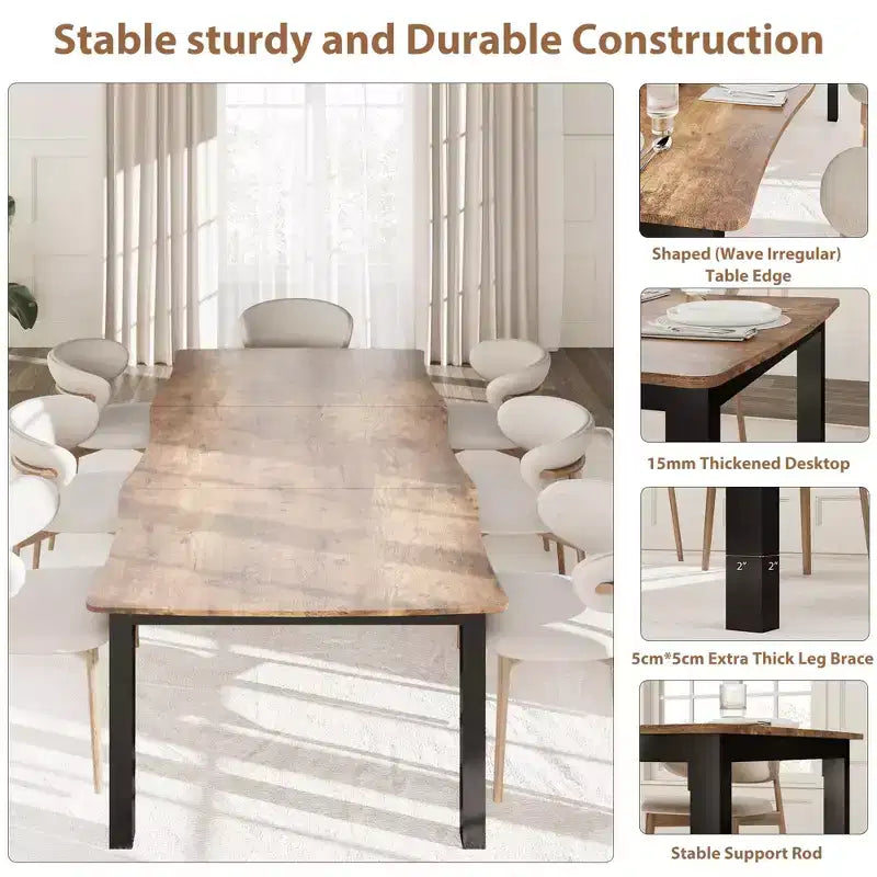 CuisinSmart Table de salle à manger pour 6 à 8 personnes, table rectangulaire avec bord irrégulier unique en forme de vague, plateau en MDF de 15 mm d'épaisseur et cadre en métal, pour salle à manger