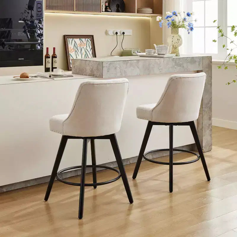 Lot de 2 tabourets de bar modernes pivotants, Chaises de bar de hauteur comptoir de 66 cm avec dossier et pieds en bois, Tabourets de bar rembourrés pour cuisine, salle à manger