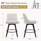Lot de 2 tabourets de bar modernes pivotants, Chaises de bar de hauteur comptoir de 66 cm avec dossier et pieds en bois, Tabourets de bar rembourrés pour cuisine, salle à manger