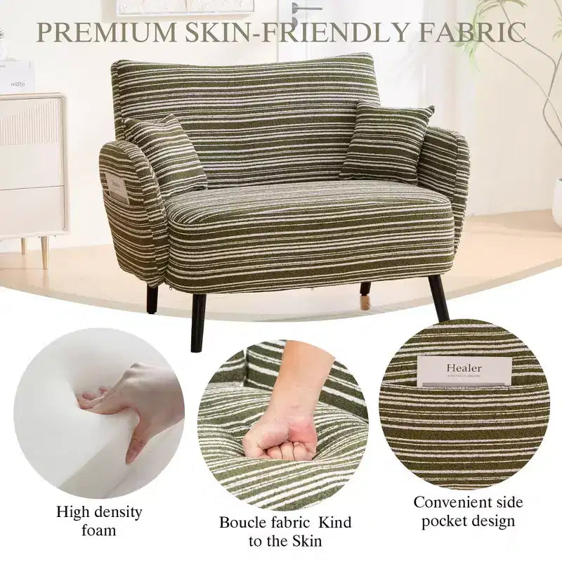 Fauteuil simple Okak Modern Color Mixing Boucle avec accoudoirs et oreillers, Canapé-lit profond avec rangement pour chambre et appartements