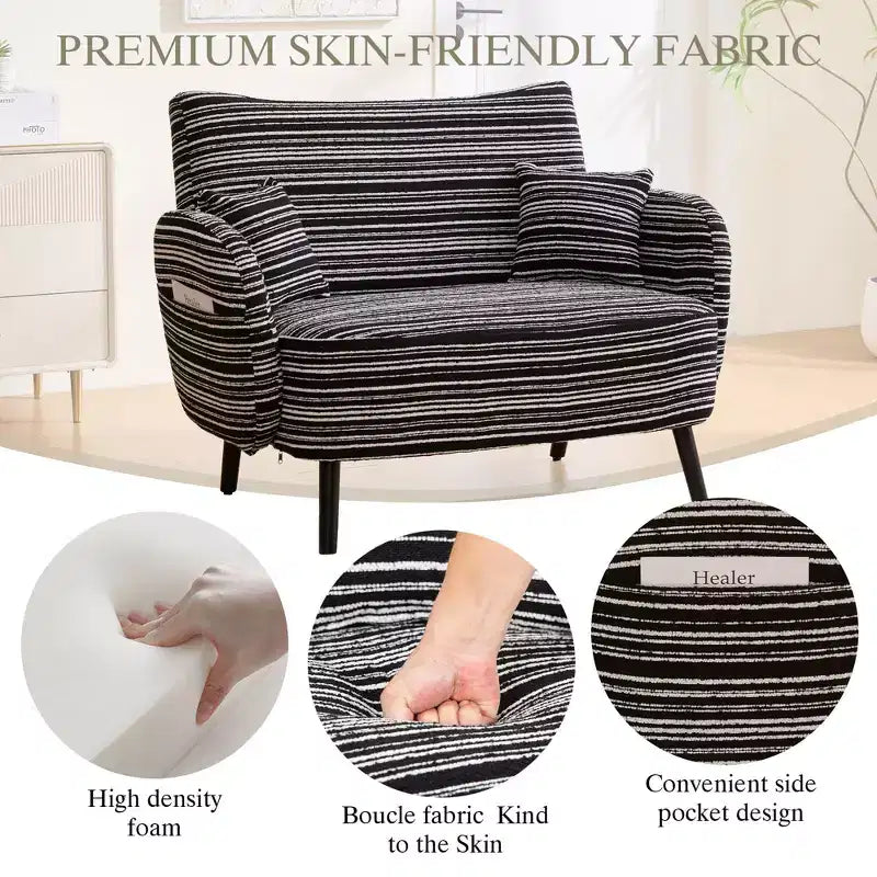 Fauteuil simple Okak Modern Color Mixing Boucle avec accoudoirs et oreillers, Canapé-lit profond avec rangement pour chambre et appartements