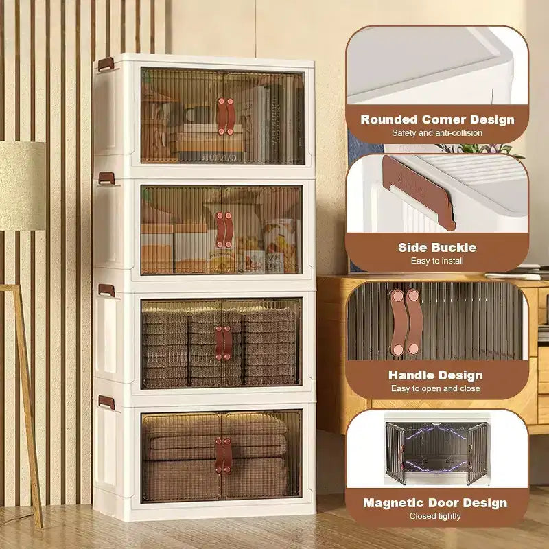 Boîtes de rangement superposables à 4 niveaux, armoire de rangement en plastique de grande capacité, avec porte et roulettes pour le stockage des aliments