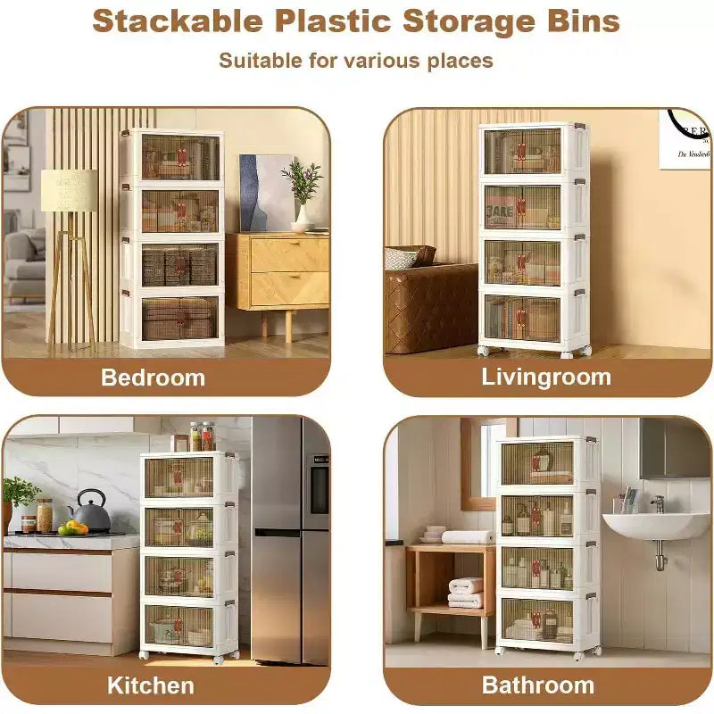 Boîtes de rangement superposables à 4 niveaux, armoire de rangement en plastique de grande capacité, avec porte et roulettes pour le stockage des aliments