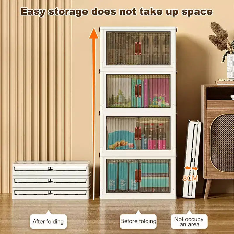 Boîtes de rangement superposables à 4 niveaux, armoire de rangement en plastique de grande capacité, avec porte et roulettes pour le stockage des aliments