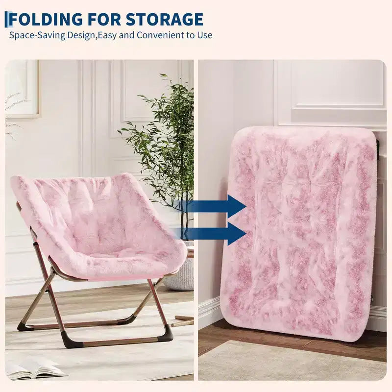 Chaise soucoupe pliante pour adultes, fauteuil de salon confortable avec coussin en fausse fourrure douce, aucun assemblage requis, meuble d'appoint pliant
