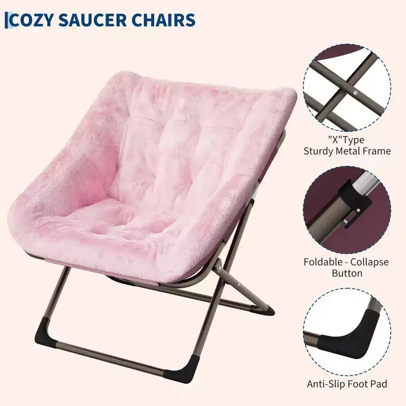 Chaise soucoupe pliante pour adultes, fauteuil de salon confortable avec coussin en fausse fourrure douce, aucun assemblage requis, meuble d'appoint pliant