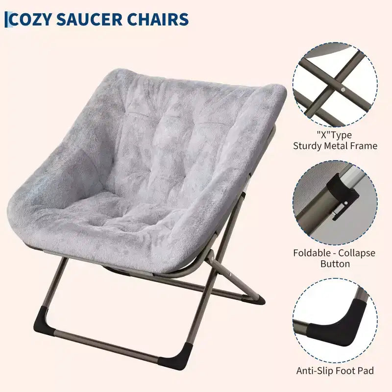 Chaise soucoupe pliante pour adultes, fauteuil de salon confortable avec coussin en fausse fourrure douce, aucun assemblage requis, meuble d'appoint pliant
