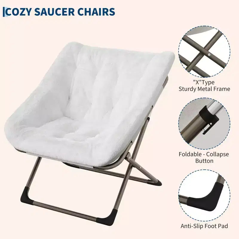 Chaise soucoupe pliante pour adultes, fauteuil de salon confortable avec coussin en fausse fourrure douce, aucun assemblage requis, meuble d'appoint pliant