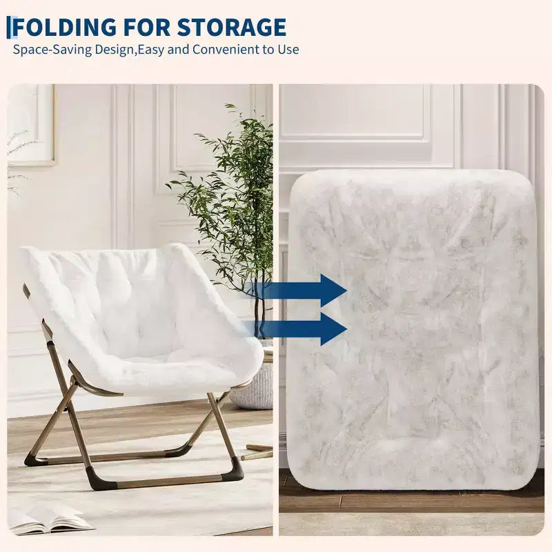 Chaise soucoupe pliante pour adultes, fauteuil de salon confortable avec coussin en fausse fourrure douce, aucun assemblage requis, meuble d'appoint pliant