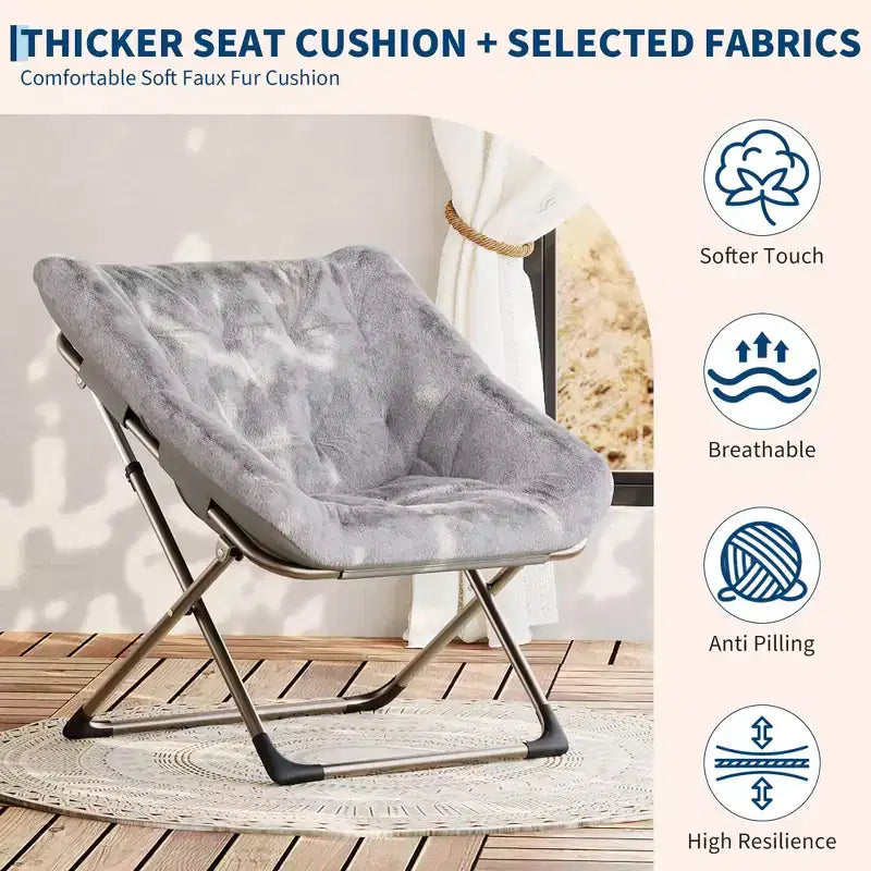 Chaise soucoupe pliante pour adultes, fauteuil de salon confortable avec coussin en fausse fourrure douce, aucun assemblage requis, meuble d'appoint pliant