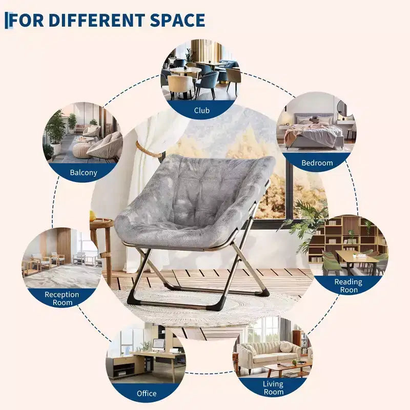 Chaise soucoupe pliante pour adultes, fauteuil de salon confortable avec coussin en fausse fourrure douce, aucun assemblage requis, meuble d'appoint pliant
