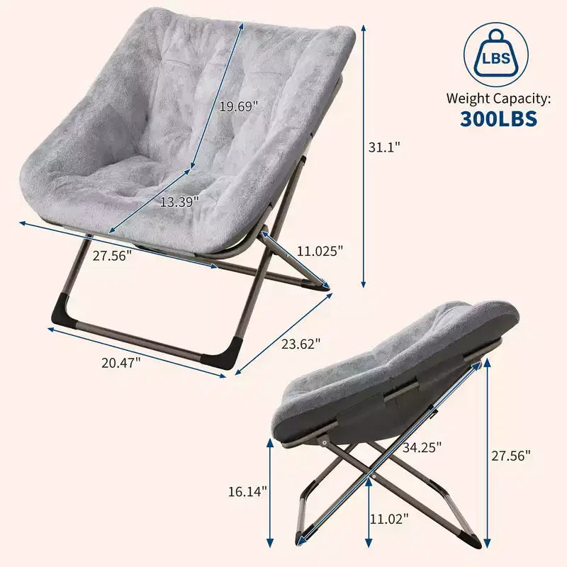 Chaise soucoupe pliante pour adultes, fauteuil de salon confortable avec coussin en fausse fourrure douce, aucun assemblage requis, meuble d'appoint pliant