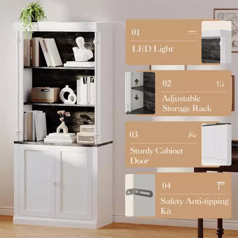 Meuble de rangement de cuisine autoportant de 71 po avec éclairage DEL, huche haute de rangement avec 2 portes et étagères réglables, garde-manger moderne pour salon