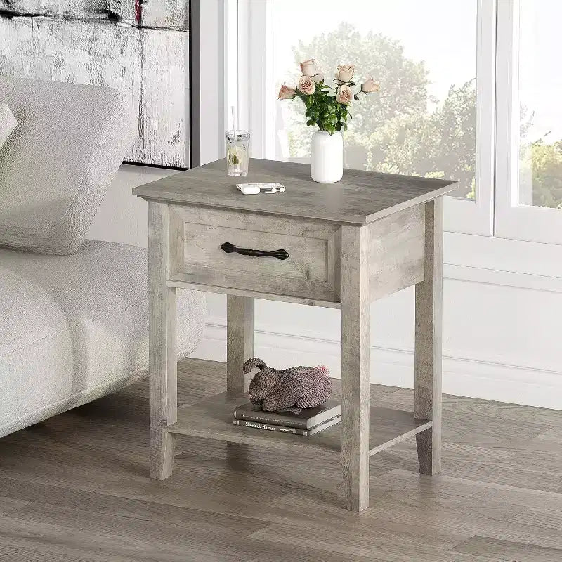 Ensemble de 2 tables de chevet à 2 niveaux GustoWave, table de nuit avec tiroir de rangement, tables d'appoint de chevet modernes pour petits espaces, table d'appoint multifonctionnelle