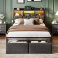 Full Size Platform Bed Frame With Storage Drawers LED Lights Charging Station Upholstered Headboard Shelf Metal Support No Box Spring Needed Teen