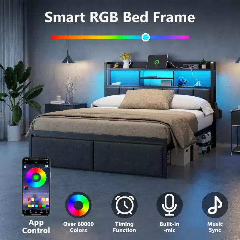 Cadre de lit plateforme pleine grandeur avec tiroirs de rangement Lumières LED Station de recharge Tête de lit rembourrée Étagère Support en métal Pas besoin de sommier Tapissier Adolescent