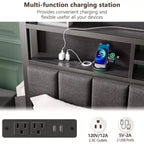 Cadre de lit plateforme pleine grandeur avec tiroirs de rangement Lumières LED Station de recharge Tête de lit rembourrée Étagère Support en métal Pas besoin de sommier Tapissier Adolescent