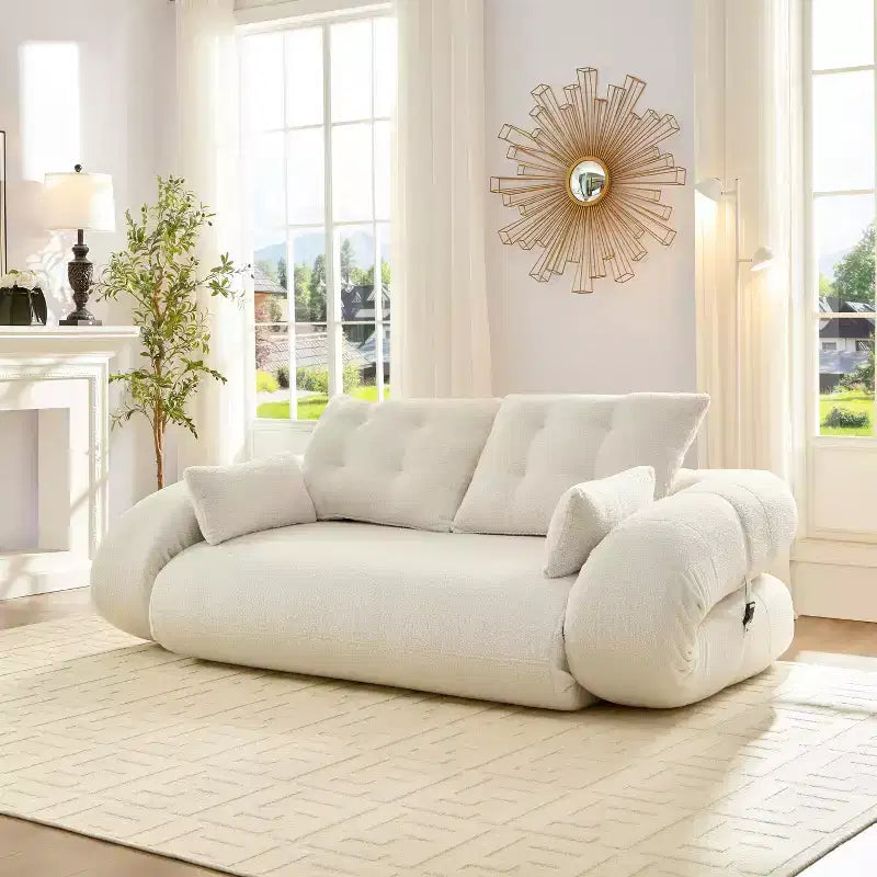 Canapé convertible, canapé pliant multifonctionnel de 199,9 cm, tissu Teddy, 4 oreillers et accoudoirs, mobilier de salon moderne pour le salon.