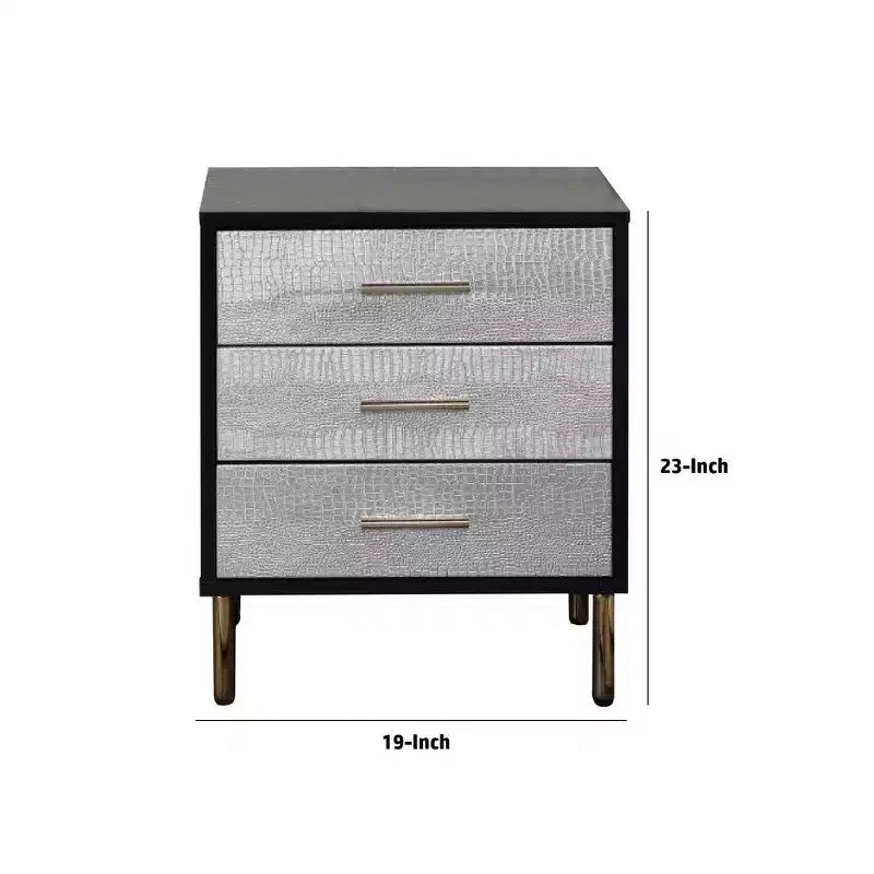 Table de chevet Royal Hampton 48 cm, style glamour, 3 tiroirs, noir, argent, or