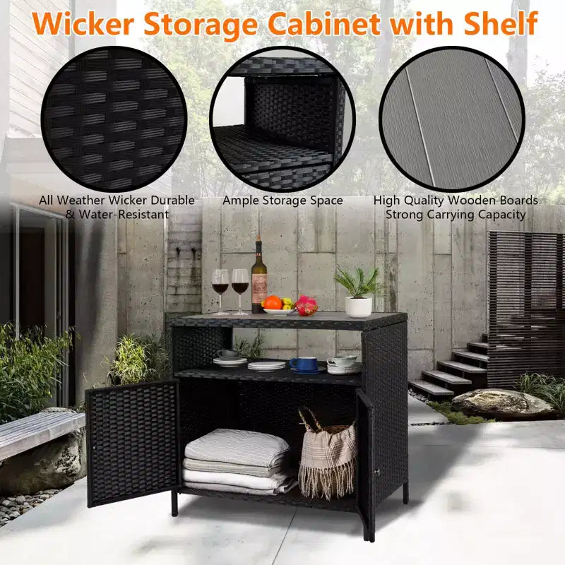 Armoire de rangement en résine tressée, organisateur polyvalent intérieur/extérieur avec plateau spacieux et étagère, idéal pour le patio, le jardin, le bord de piscine ou la cuisine
