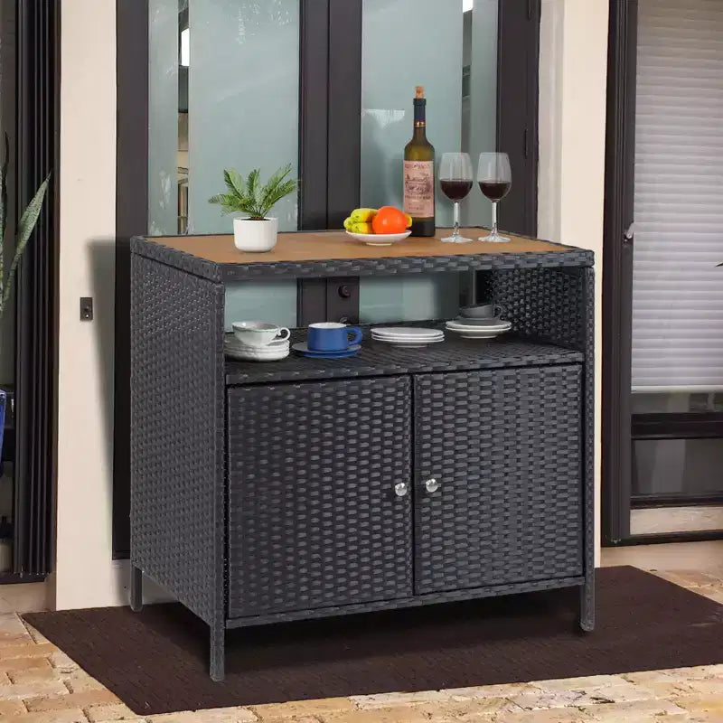 Armoire de rangement en résine tressée, organisateur polyvalent intérieur/extérieur avec plateau spacieux et étagère, idéal pour le patio, le jardin, le bord de piscine ou la cuisine